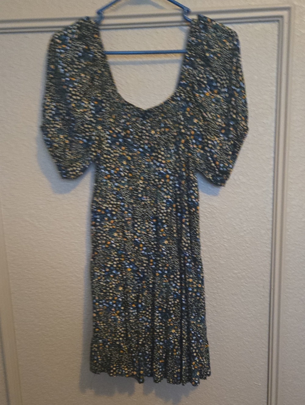 Floral Puff-Sleeve Midi Dress in Black and Yellow